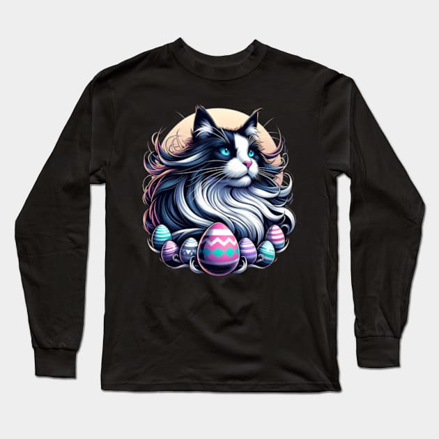 Majestic Tuxedo Easter Anime Retro cat Long Sleeve T-Shirt by Malus Cattus